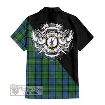 Stirling Tartan Short Sleeve Button Shirt with Family Crest and Military Logo Style