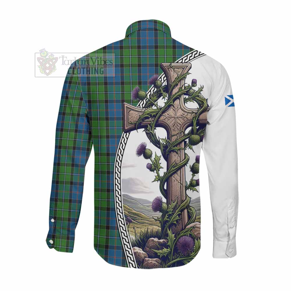 Stirling Tartan Long Sleeve Button Shirt with Family Crest and St. Andrew's Cross Accented by Thistle Vines Men's Shirt - Tartan Vibes Clothing