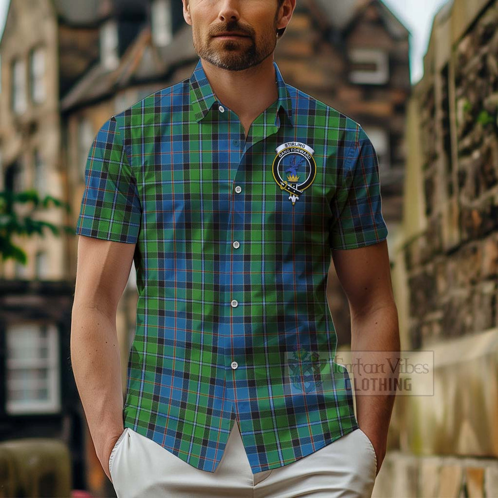 Tartan Vibes Clothing Stirling Tartan Short Sleeve Button Shirt with Family Crest Celtic Skull Style