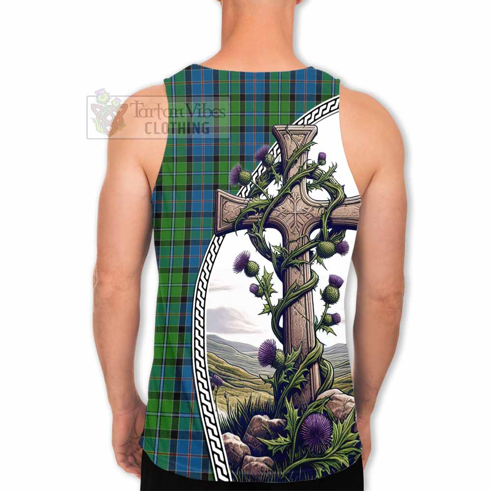 Tartan Vibes Clothing Stirling Tartan Men's Tank Top with Family Crest and St. Andrew's Cross Accented by Thistle Vines