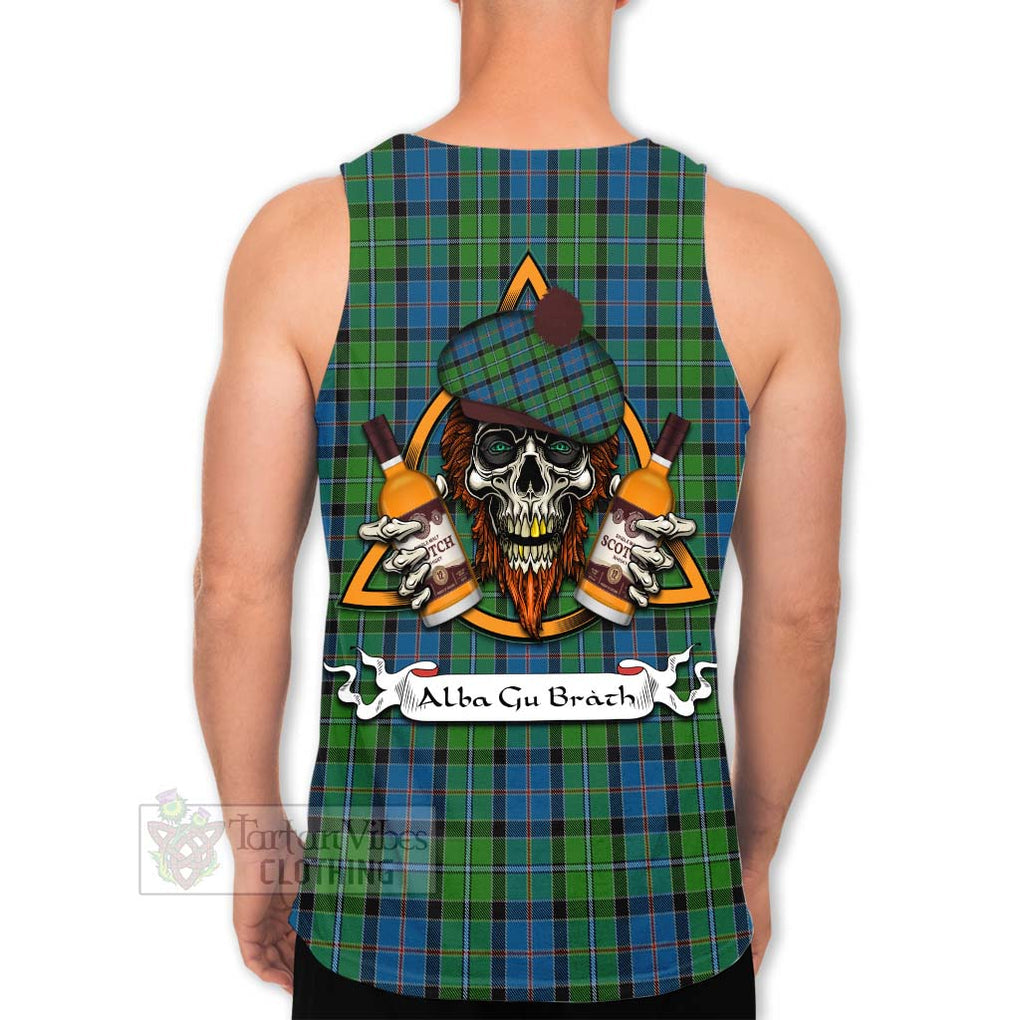 Tartan Vibes Clothing Stirling Tartan Men's Tank Top with Family Crest and Bearded Skull Holding Bottles of Whiskey