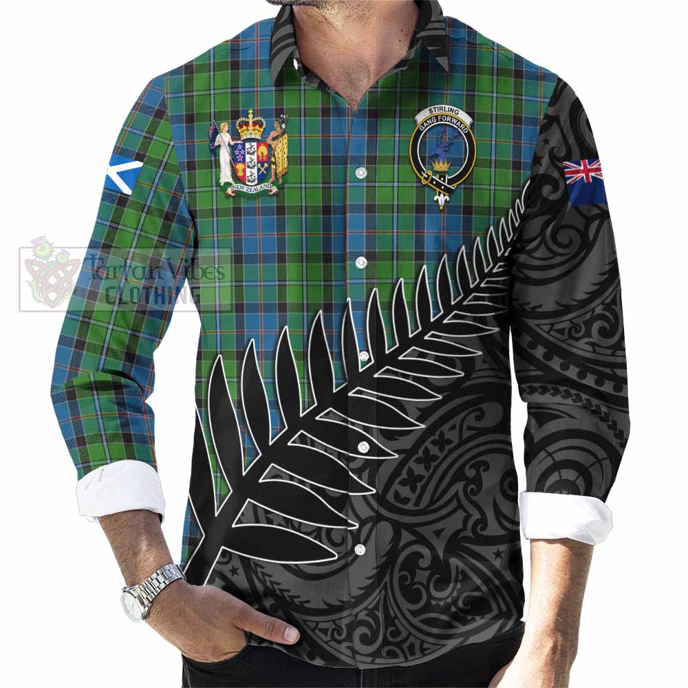 Tartan Vibes Clothing Stirling Crest Tartan Long Sleeve Button Shirt with New Zealand Silver Fern Half Style