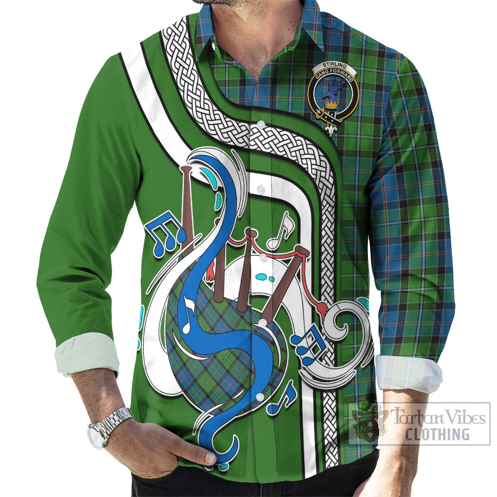 Stirling Tartan Long Sleeve Button Shirt with Epic Bagpipe Style - Tartanvibesclothing Shop