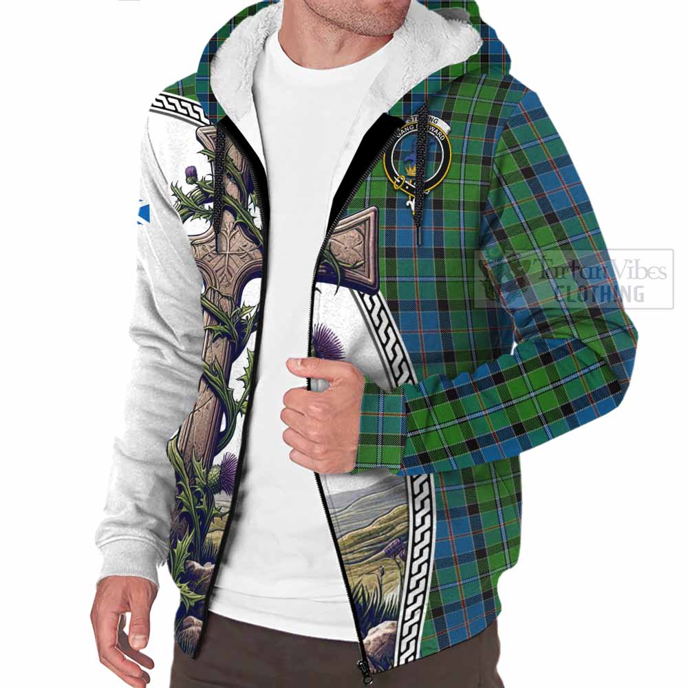 Tartan Vibes Clothing Stirling Tartan Sherpa Hoodie with Family Crest and St. Andrew's Cross Accented by Thistle Vines