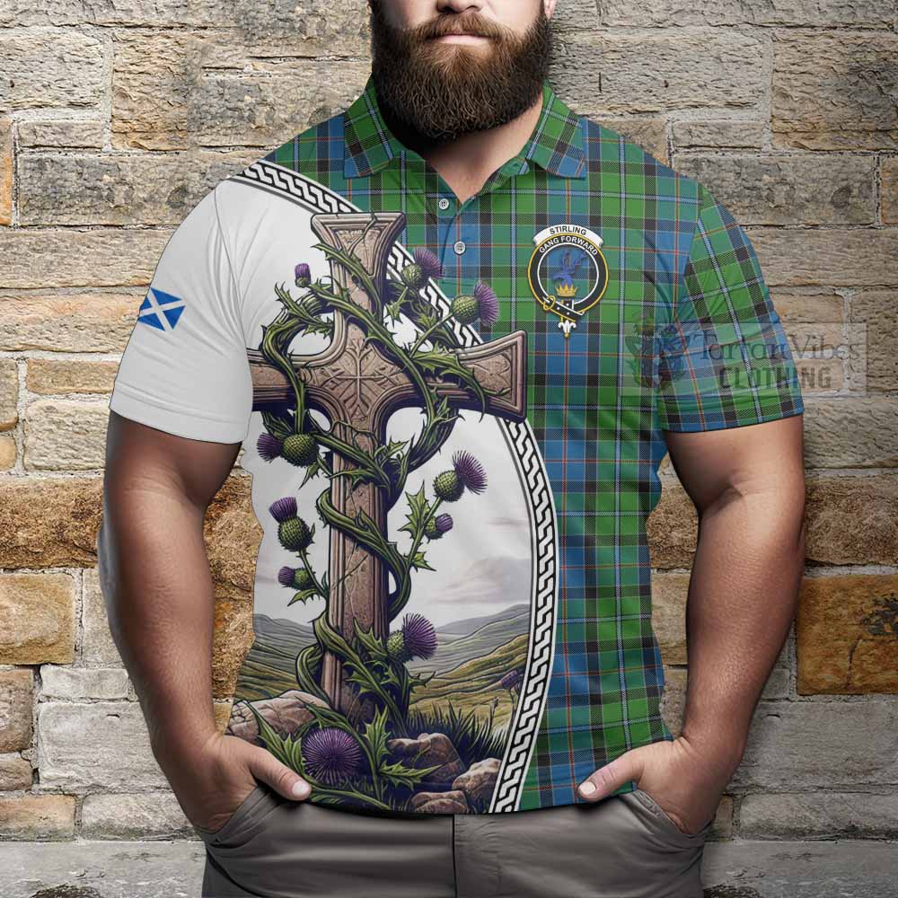 Tartan Vibes Clothing Stirling Tartan Polo Shirt with Family Crest and St. Andrew's Cross Accented by Thistle Vines