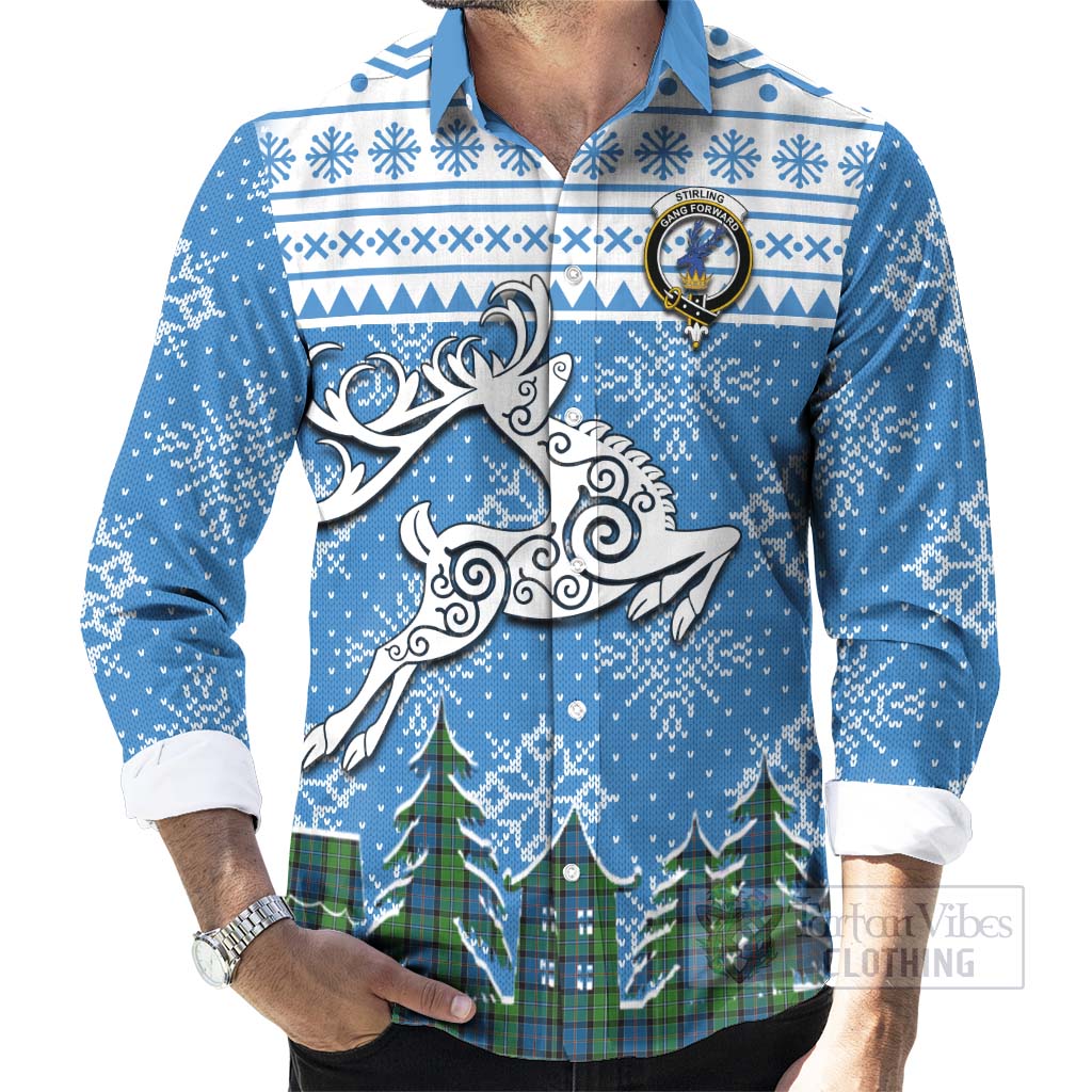 Tartan Vibes Clothing Stirling Clan Christmas Long Sleeve Button Shirt Celtic Reindeer Style