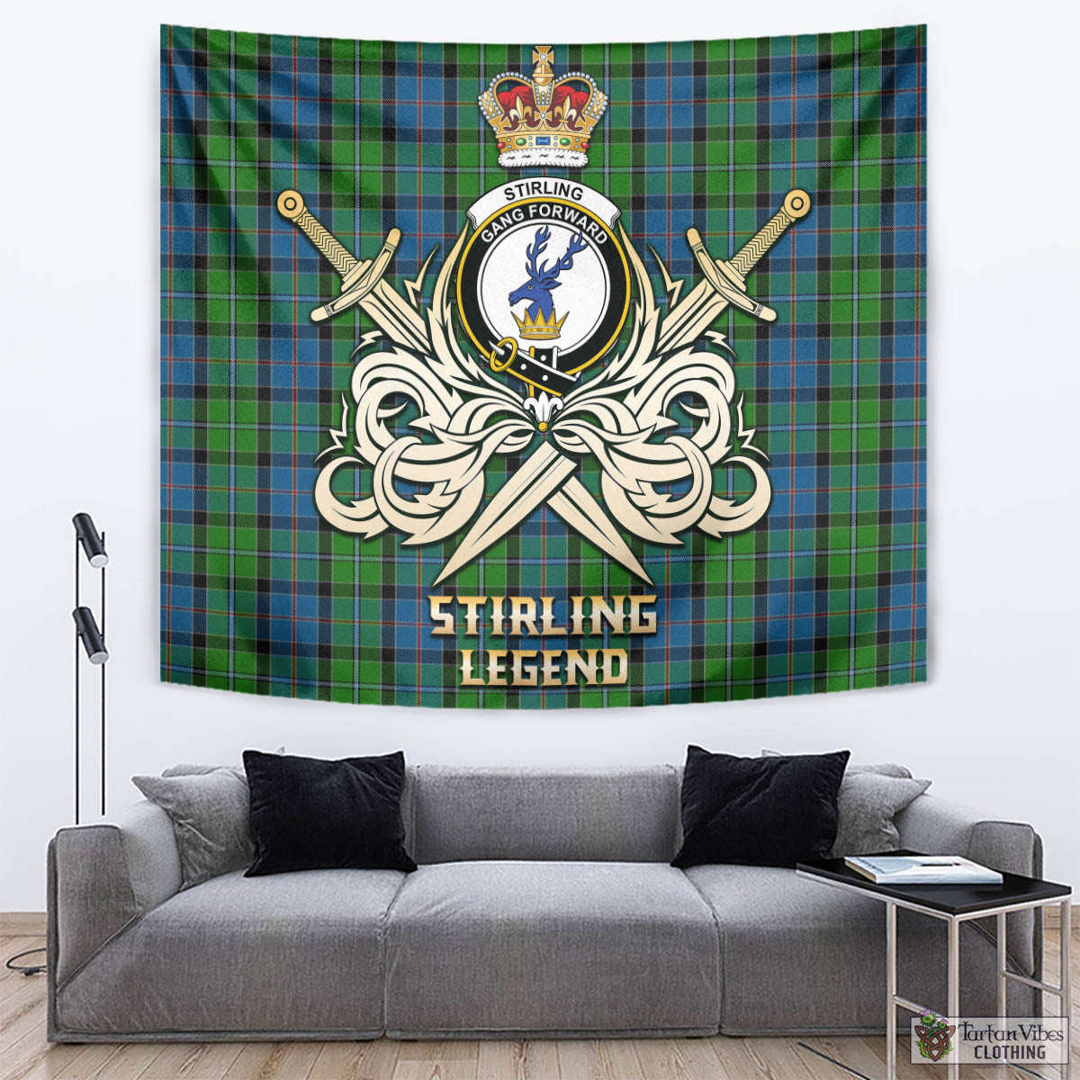 Tartan Vibes Clothing Stirling Tartan Tapestry with Clan Crest and the Golden Sword of Courageous Legacy