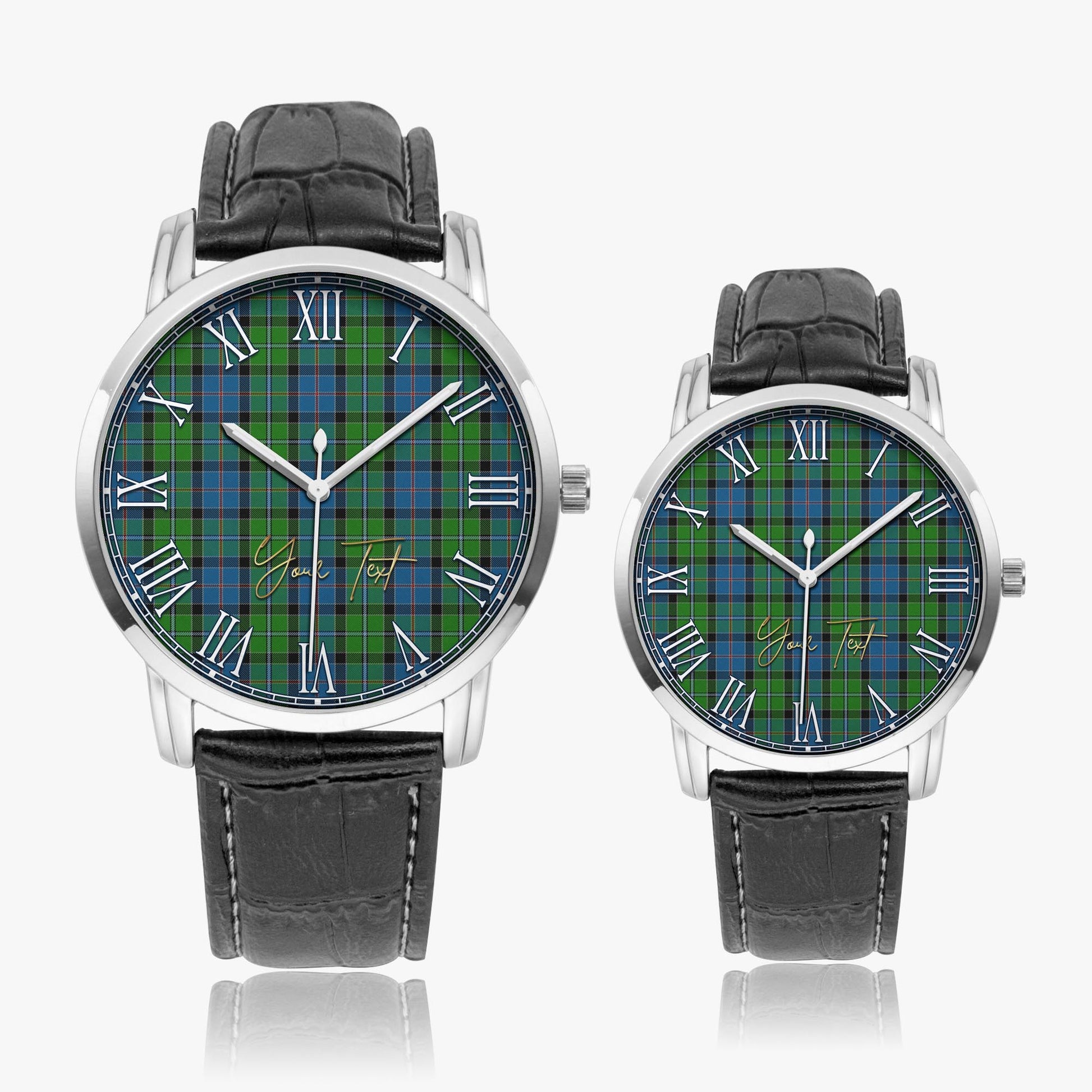 Stirling Tartan Personalized Your Text Leather Trap Quartz Watch Wide Type Silver Case With Black Leather Strap - Tartanvibesclothing Shop