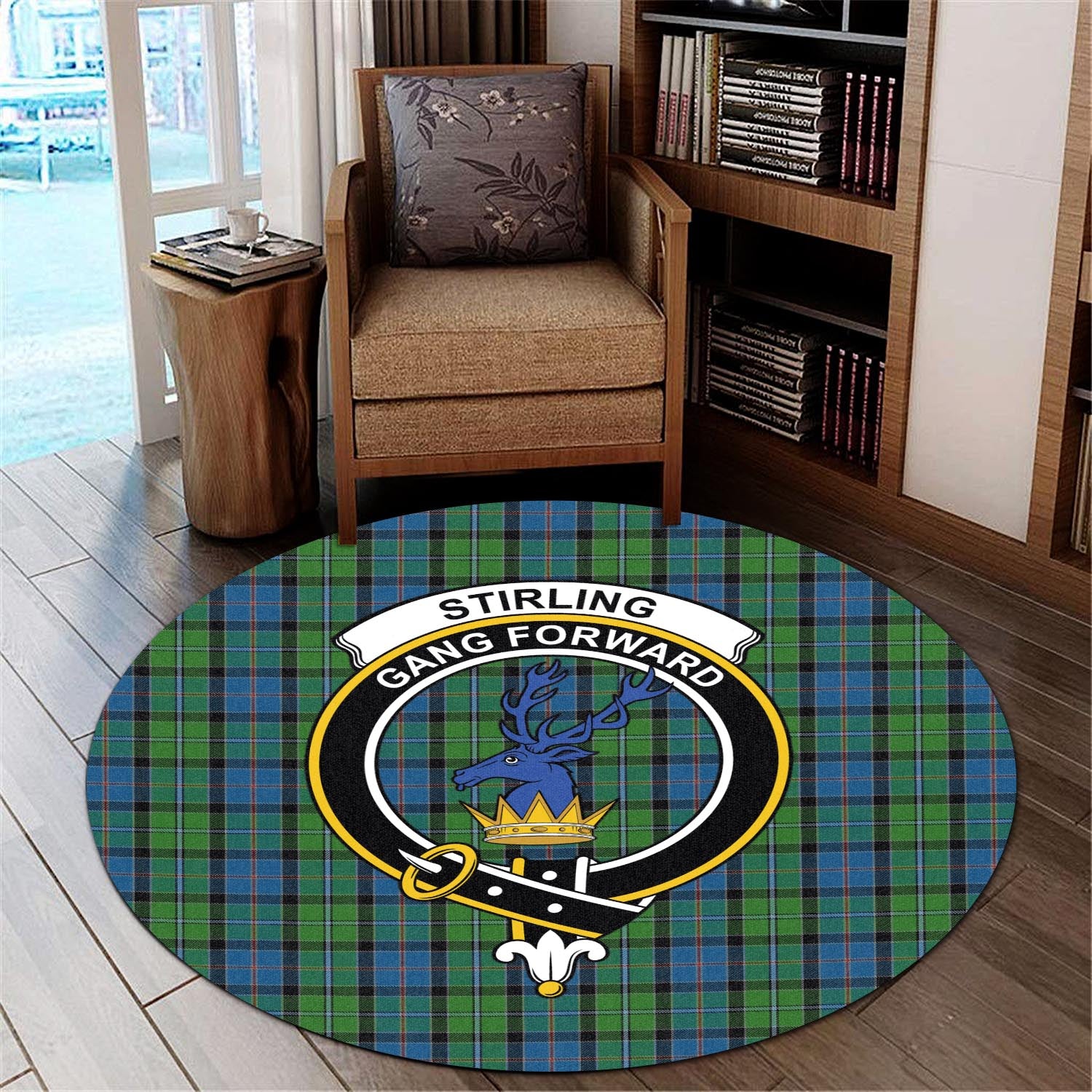 stirling-tartan-round-rug-with-family-crest