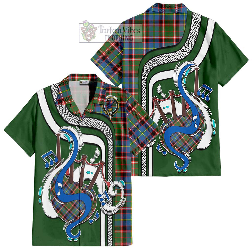 Stirling Bannockburn Tartan Short Sleeve Button Shirt with Epic Bagpipe Style Kid - Tartanvibesclothing Shop