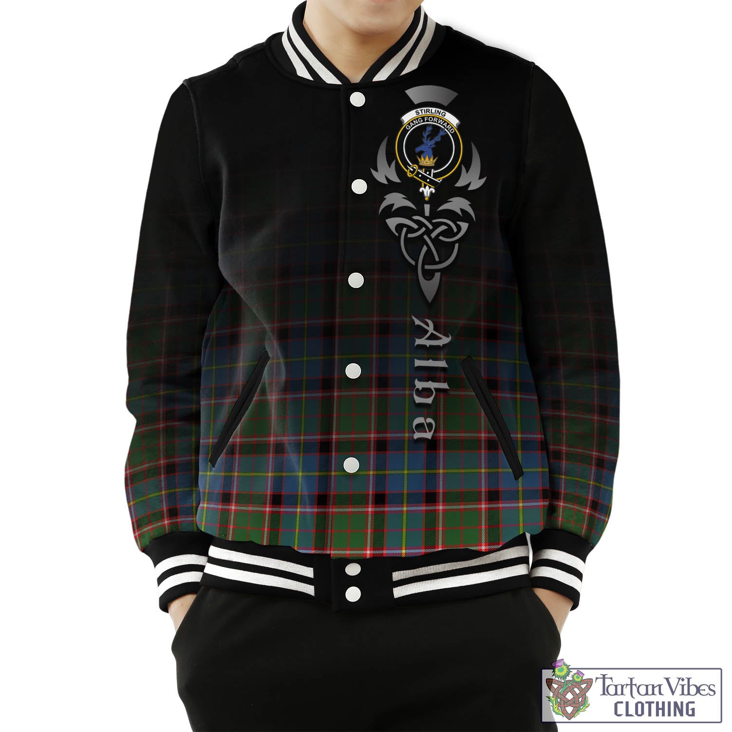 Tartan Vibes Clothing Stirling Bannockburn Tartan Baseball Jacket Featuring Alba Gu Brath Family Crest Celtic Inspired