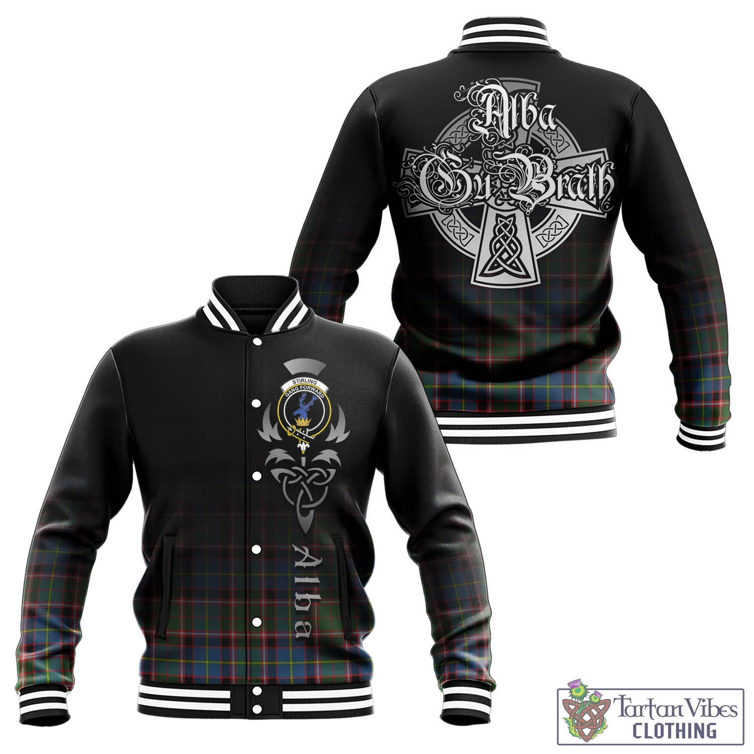 Tartan Vibes Clothing Stirling Bannockburn Tartan Baseball Jacket Featuring Alba Gu Brath Family Crest Celtic Inspired