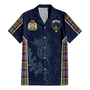 Stirling Bannockburn Tartan Short Sleeve Button Up Shirt with Family Crest and Scottish Thistle Vibes Sport Style