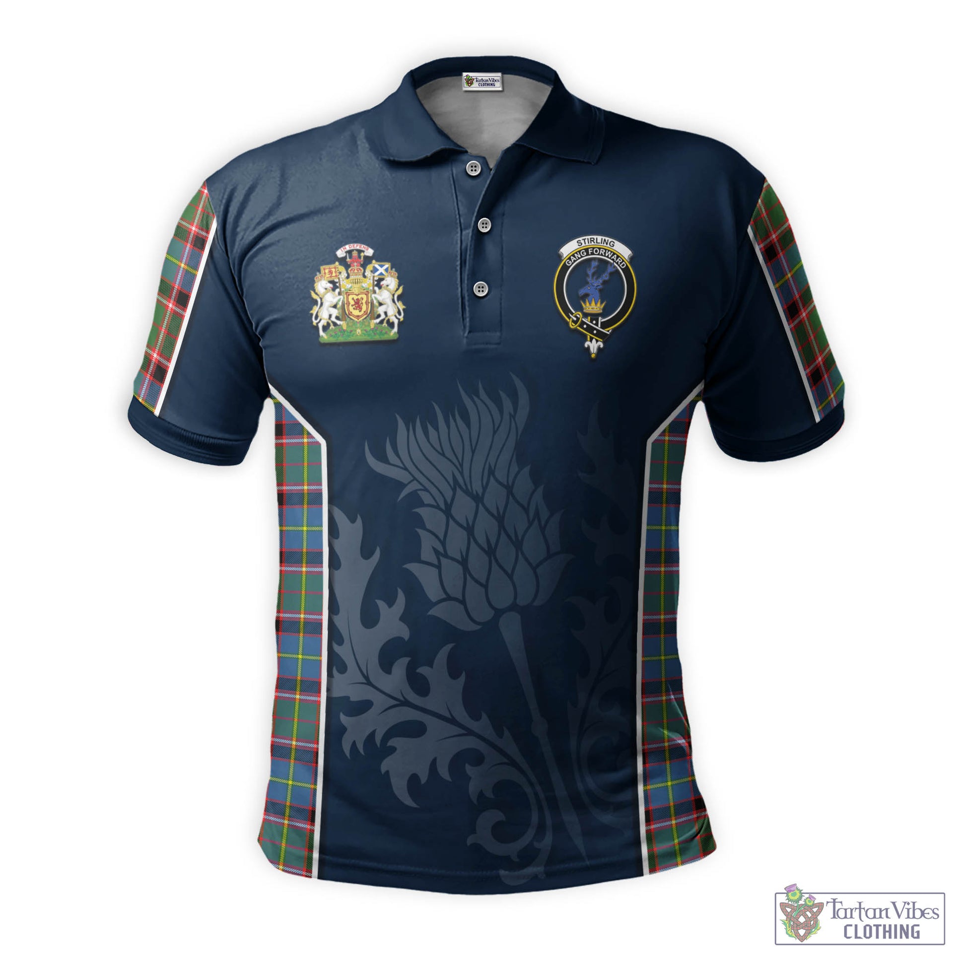 Tartan Vibes Clothing Stirling Bannockburn Tartan Men's Polo Shirt with Family Crest and Scottish Thistle Vibes Sport Style