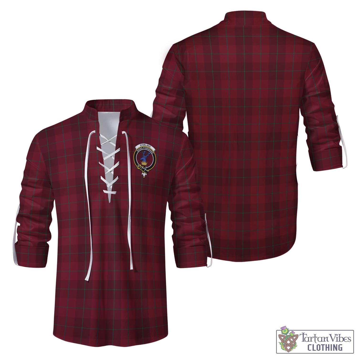 Tartan Vibes Clothing Stirling of Keir Tartan Men's Scottish Traditional Jacobite Ghillie Kilt Shirt with Family Crest