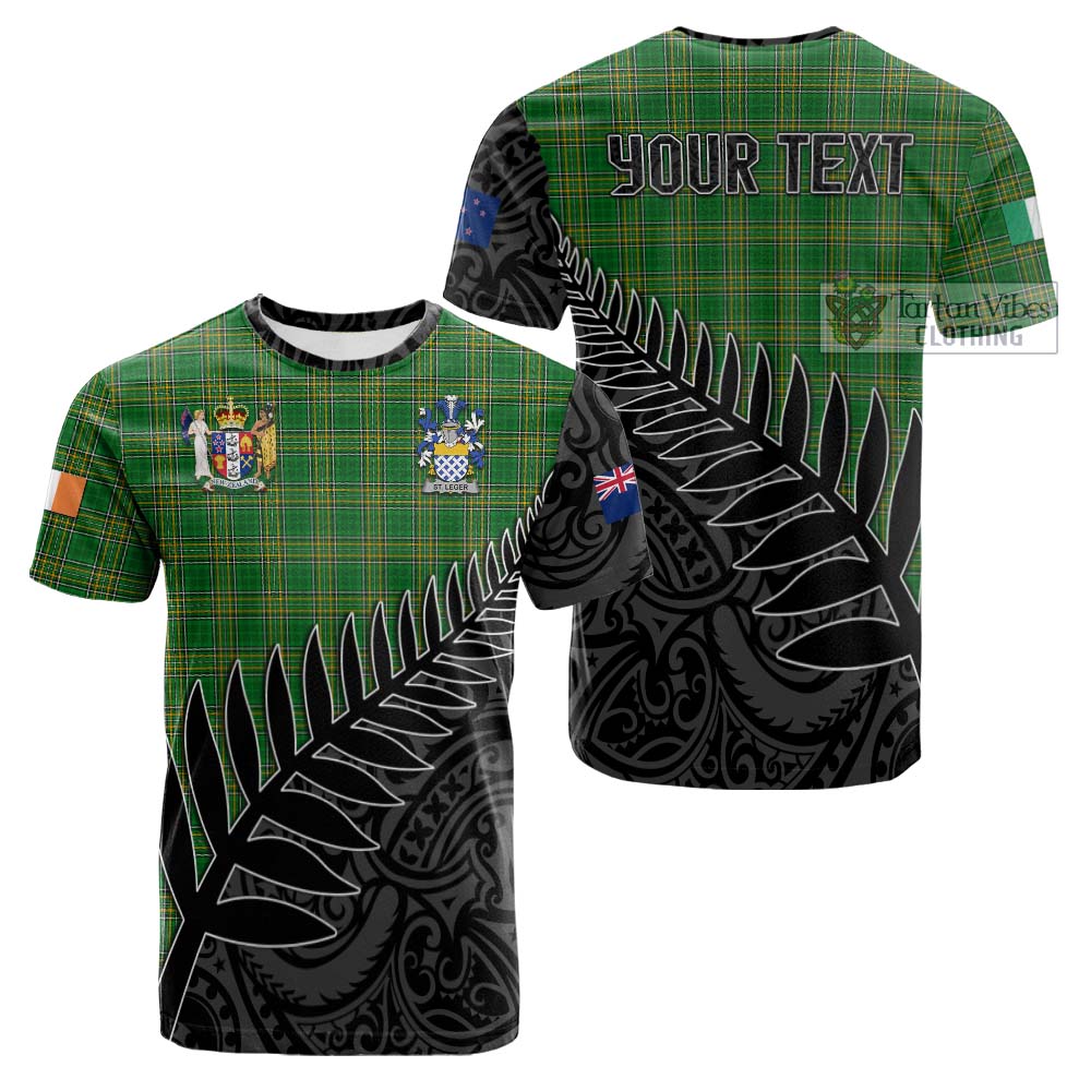 Tartan Vibes Clothing St.Leger Irish Clan Tartan Cotton T-shirt with Coat of Arms New Zealand Silver Fern Half Style