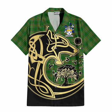 Stone Irish Tartan Short Sleeve Button Shirt with Coat of Arms Celtic Wolf Style