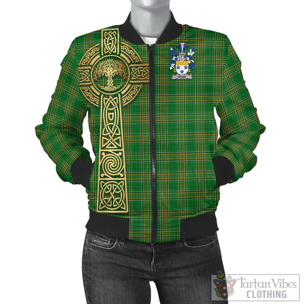 Tartan Vibes Clothing Stone Irish Clan Tartan Bomber Jacket with Coat of Arms Celtic Tree of Life Style