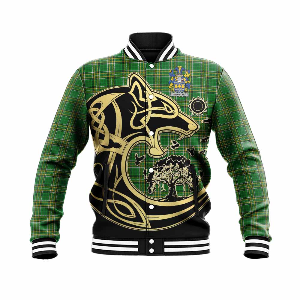 Tartan Vibes Clothing Stopford Irish Tartan Baseball Jacket with Coat of Arms Celtic Wolf Style