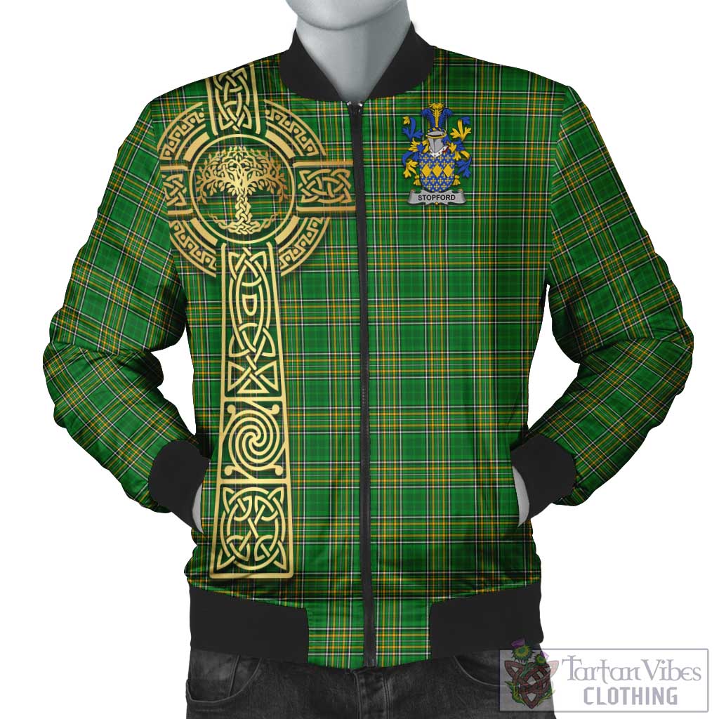 Tartan Vibes Clothing Stopford Irish Clan Tartan Bomber Jacket with Coat of Arms Celtic Tree of Life Style