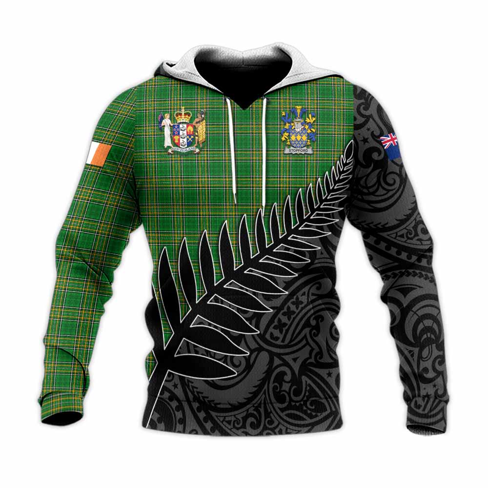 Tartan Vibes Clothing Stopford Irish Clan Tartan Knitted Hoodie with Coat of Arms New Zealand Silver Fern Half Style