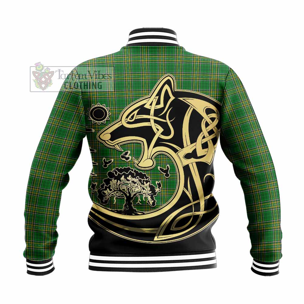 Tartan Vibes Clothing Stopford Irish Tartan Baseball Jacket with Coat of Arms Celtic Wolf Style