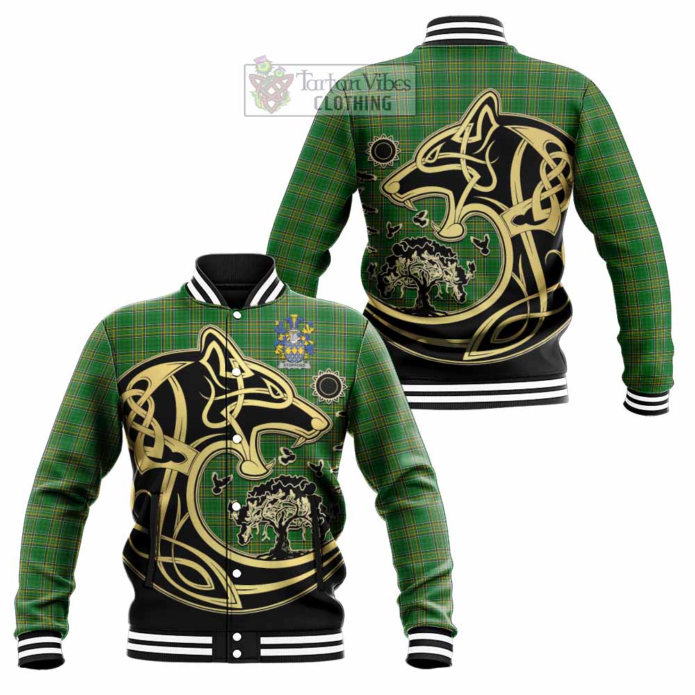 Tartan Vibes Clothing Stopford Irish Tartan Baseball Jacket with Coat of Arms Celtic Wolf Style