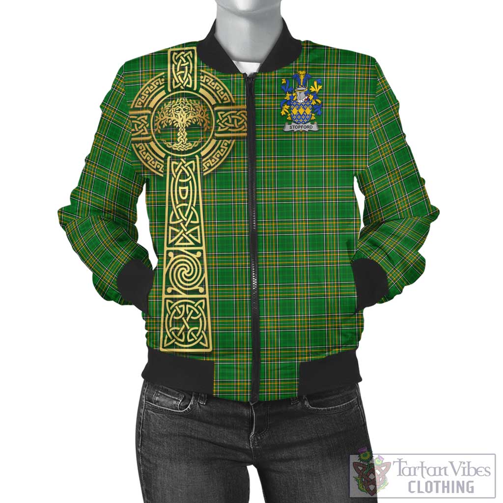 Tartan Vibes Clothing Stopford Irish Clan Tartan Bomber Jacket with Coat of Arms Celtic Tree of Life Style