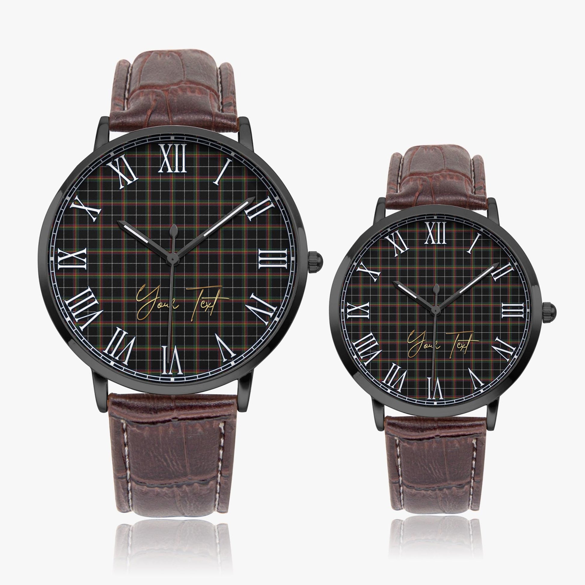 Stott Tartan Personalized Your Text Leather Trap Quartz Watch Ultra Thin Black Case With Brown Leather Strap - Tartanvibesclothing Shop