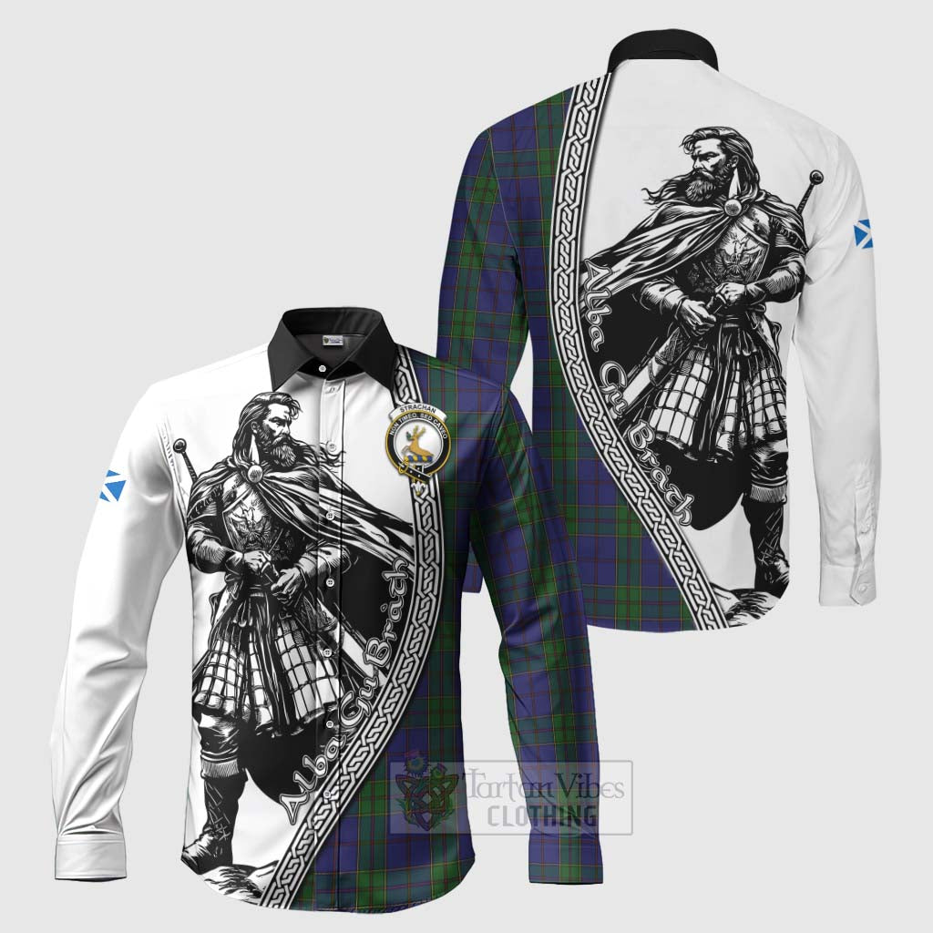 Strachan Tartan Clan Crest Long Sleeve Button Shirt with Highlander Warrior Celtic Style Men's Shirt S - Tartan Vibes Clothing