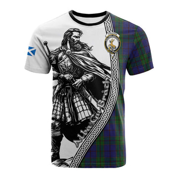 Strachan Tartan Clan Crest Cotton T-shirt with Highlander Warrior Celtic Style