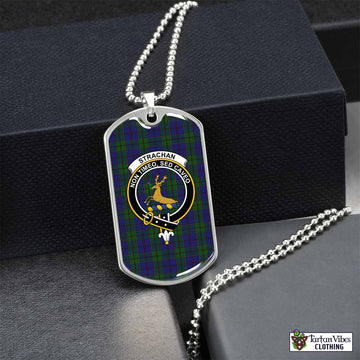 Strachan Tartan Dog Tag Necklace with Family Crest