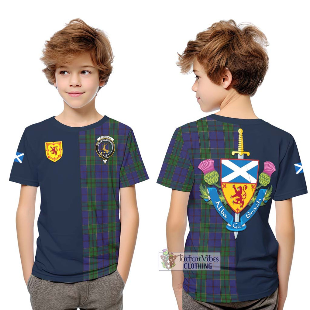 Tartan Vibes Clothing Strachan Tartan Kid T-Shirt with Scottish Lion Royal Arm Half Style