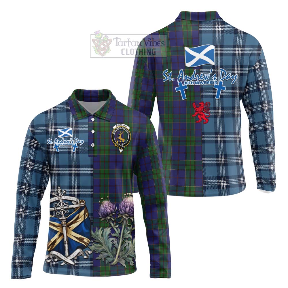 Tartan Vibes Clothing Strachan Tartan Long Sleeve Polo Shirt Happy St. Andrew's Day Half Tartan Style