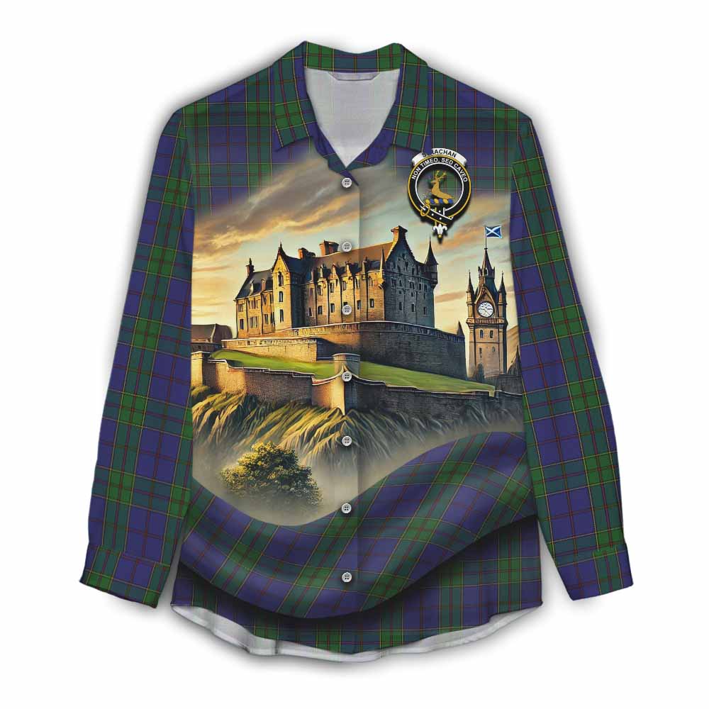 Strachan Tartan Family Crest Women's Casual Shirt with Scottish Ancient Castle Style Female - Tartan Vibes Clothing