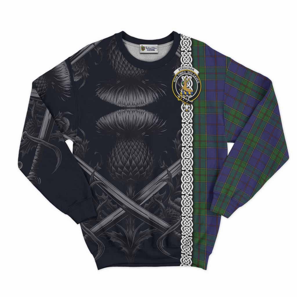 Tartan Vibes Clothing Strachan Tartan Sweatshirt with Family Crest Cross Sword Thistle Celtic Vibes