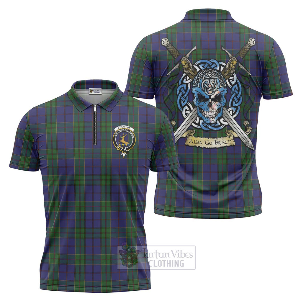 Tartan Vibes Clothing Strachan Tartan Zipper Polo Shirt with Family Crest Celtic Skull Style