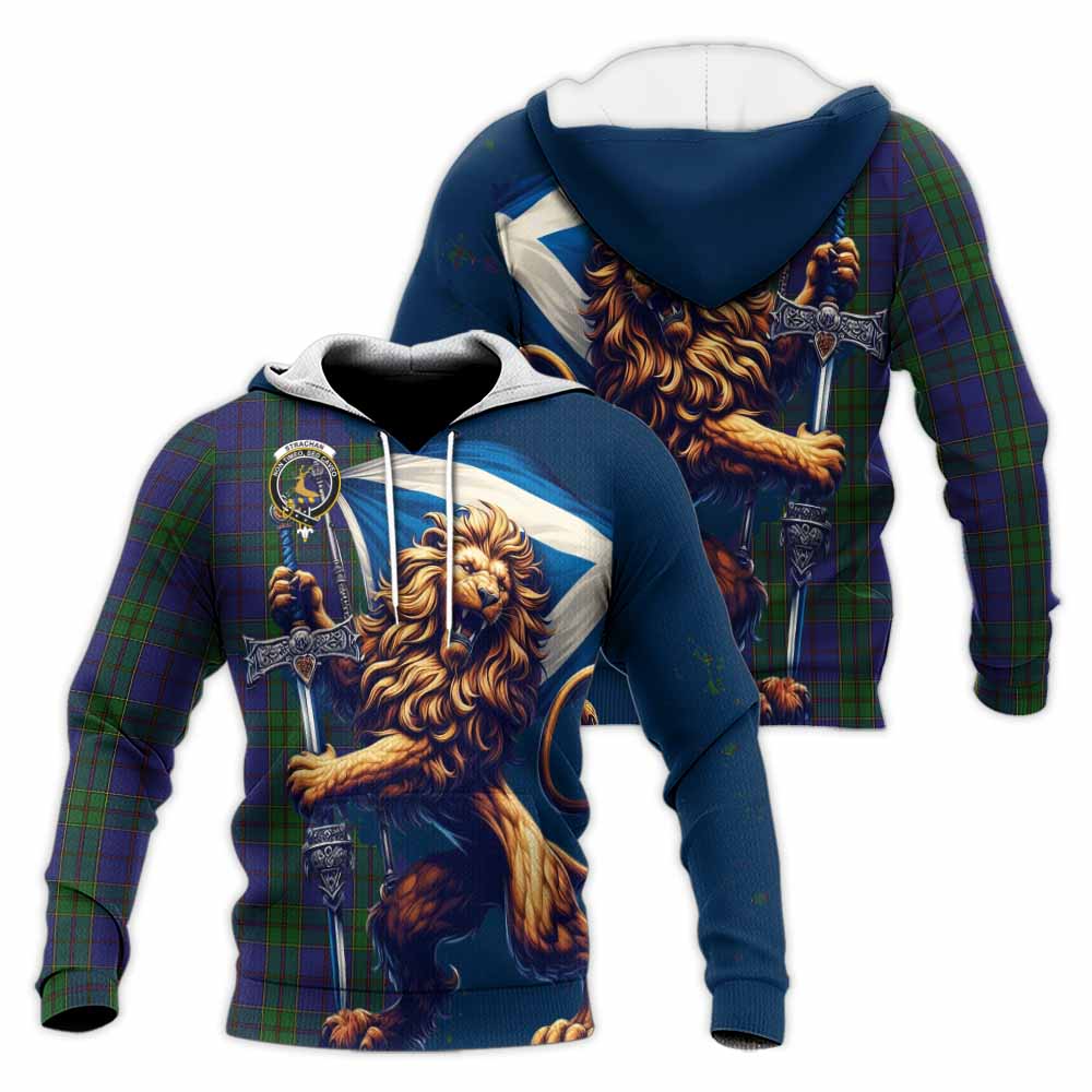 Tartan Vibes Clothing Strachan Tartan Family Crest Knitted Hoodie with Scottish Majestic Lion