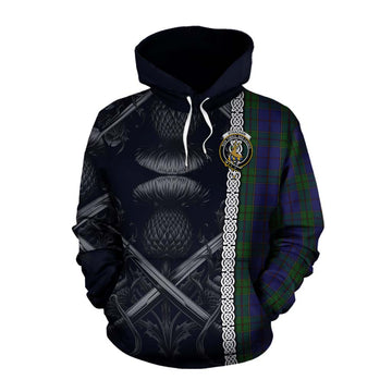 Strachan Tartan Cotton Hoodie with Family Crest Cross Sword Thistle Celtic Vibes