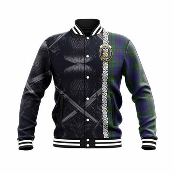 Strachan Tartan Baseball Jacket with Family Crest Cross Sword Thistle Celtic Vibes