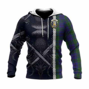 Strachan Tartan Knitted Hoodie with Family Crest Cross Sword Thistle Celtic Vibes