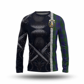 Strachan Tartan Long Sleeve T-Shirt with Family Crest Cross Sword Thistle Celtic Vibes