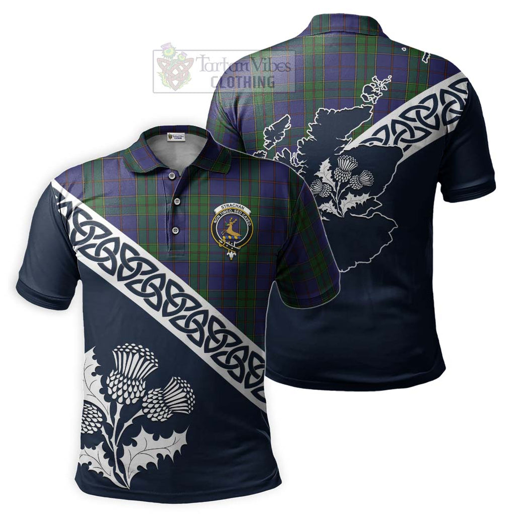 Strachan Tartan Polo Shirt Featuring Thistle and Scotland Map