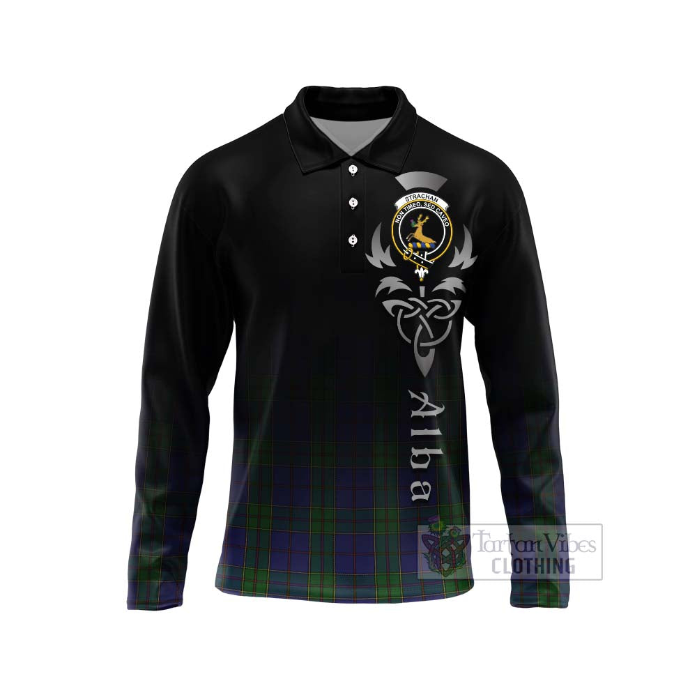 Tartan Vibes Clothing Strachan Tartan Long Sleeve Polo Shirt Featuring Alba Gu Brath Family Crest Celtic Inspired