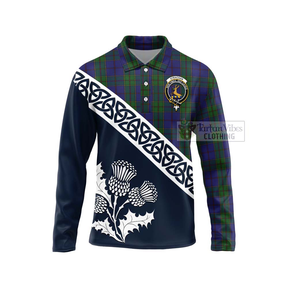 Tartan Vibes Clothing Strachan Tartan Long Sleeve Polo Shirt Featuring Thistle and Scotland Map