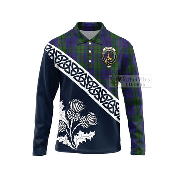 Strachan Tartan Long Sleeve Polo Shirt Featuring Thistle and Scotland Map