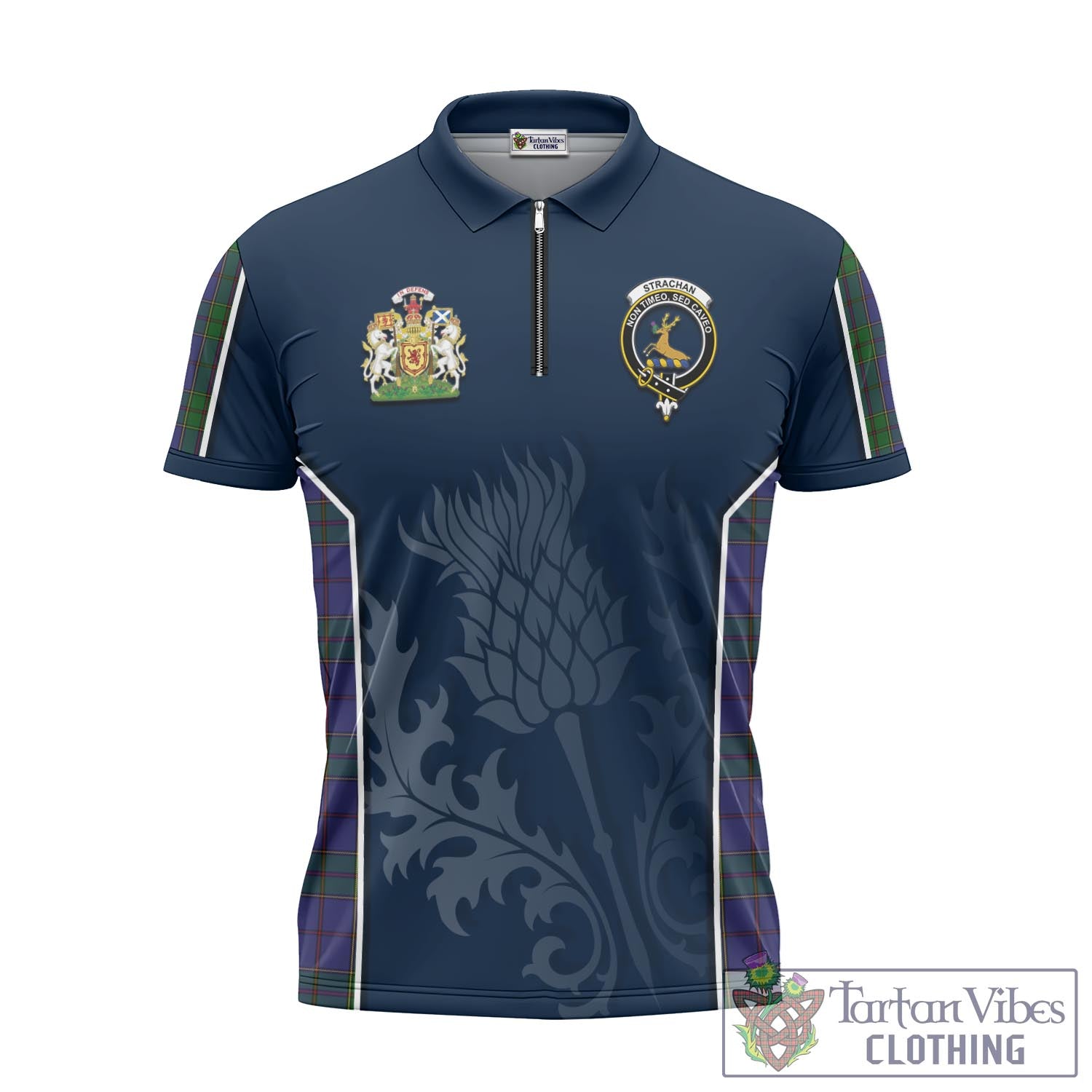 Tartan Vibes Clothing Strachan Tartan Zipper Polo Shirt with Family Crest and Scottish Thistle Vibes Sport Style