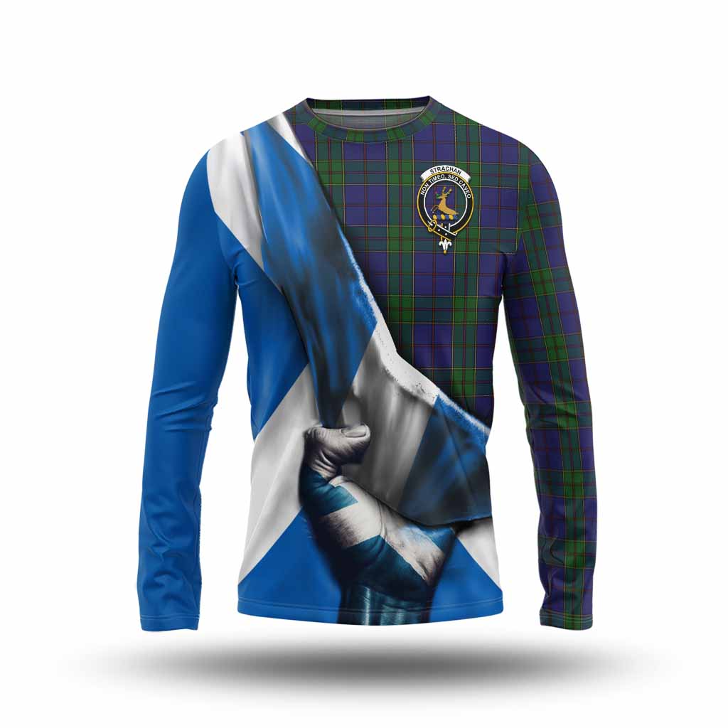 Tartan Vibes Clothing Strachan Tartan Long Sleeve T-Shirt with Family Crest Scotland Patriotic Style