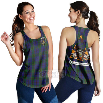 Strachan Tartan Women's Racerback Tanks with Family Crest and Bearded Skull Holding Bottles of Whiskey