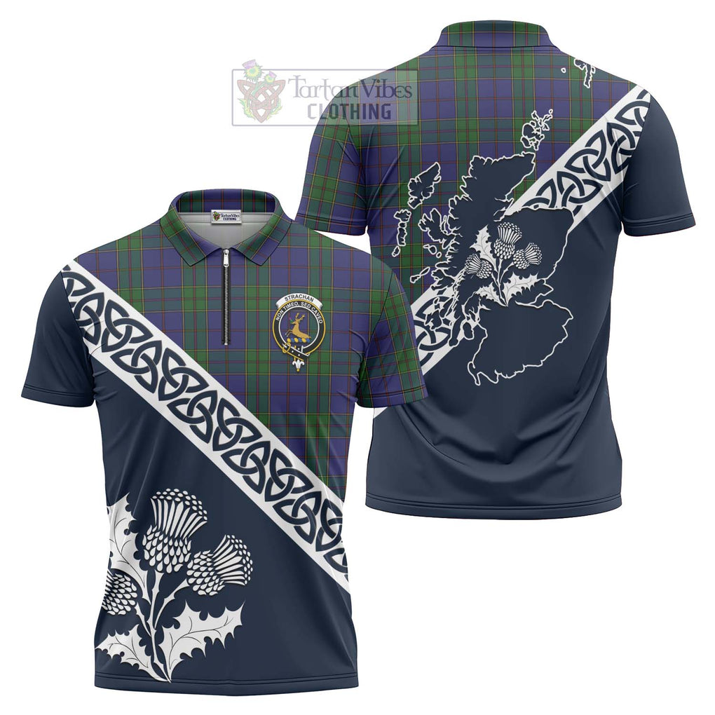 Tartan Vibes Clothing Strachan Tartan Zipper Polo Shirt Featuring Thistle and Scotland Map